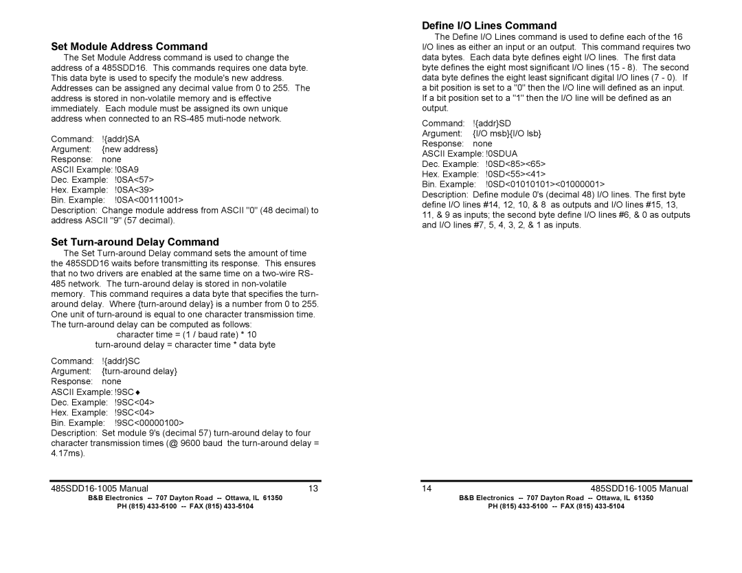 B&B Electronics 485SDD16 manual Set Module Address Command, Set Turn-around Delay Command, Define I/O Lines Command 