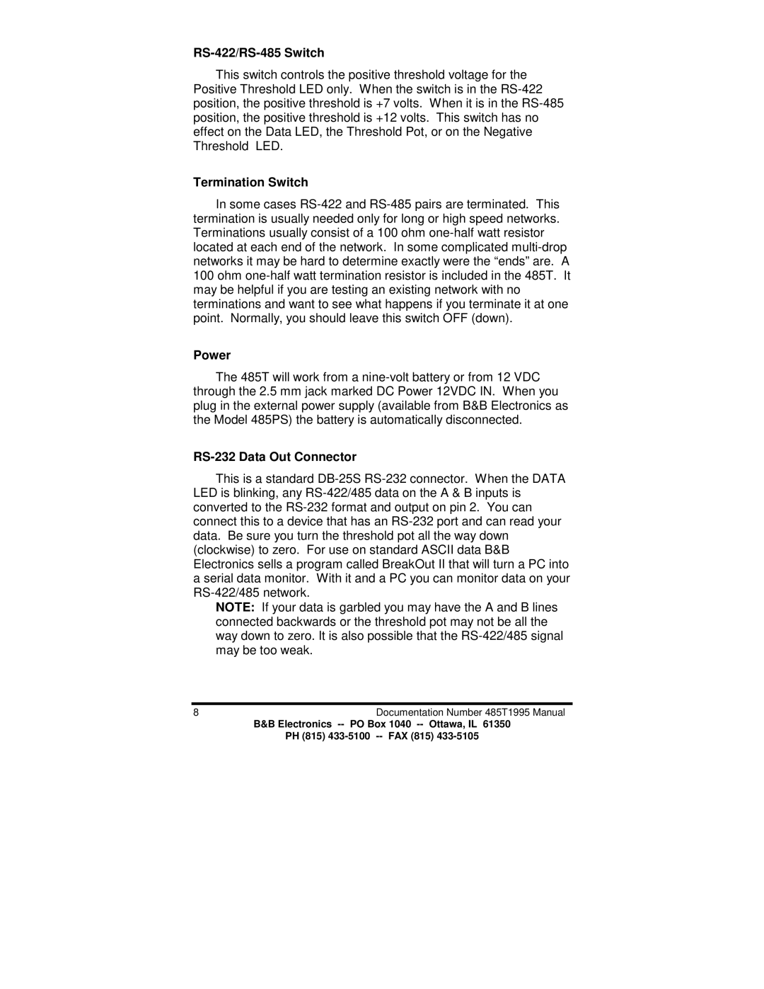 B&B Electronics 485T manual RS-422/RS-485 Switch, Termination Switch, Power, RS-232 Data Out Connector 