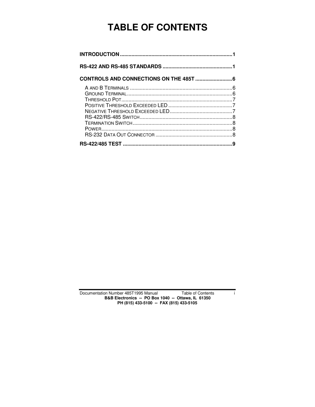 B&B Electronics 485T manual Table of Contents 