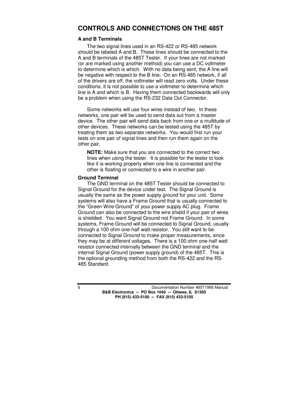 B&B Electronics 485T manual B Terminals, Ground Terminal 