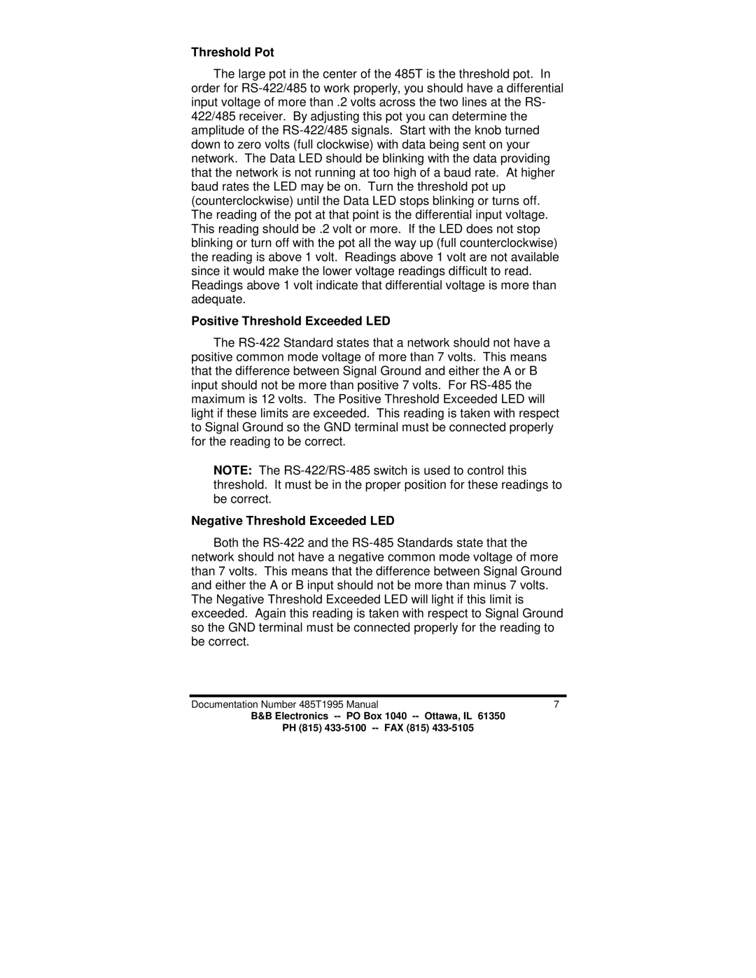 B&B Electronics 485T manual Threshold Pot, Positive Threshold Exceeded LED, Negative Threshold Exceeded LED 