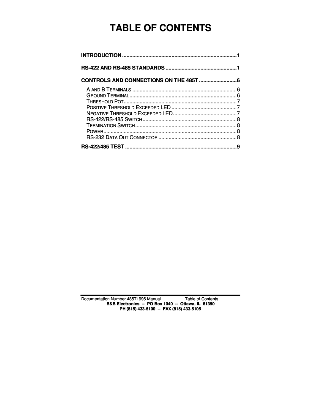 B&B Electronics CONTROLS AND CONNECTIONS ON THE 485T, Table Of Contents, Introduction, RS-422 AND RS-485 STANDARDS 