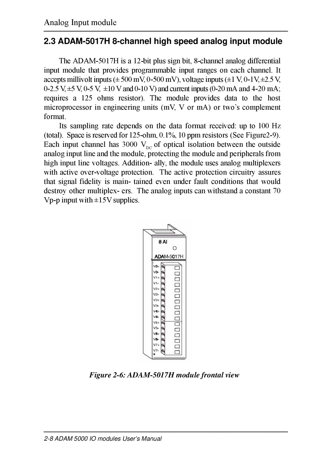 B&B Electronics 5000 Series user manual ADAM-5017H 8-channel high speed analog input module, ADAM-5017H module frontal view 