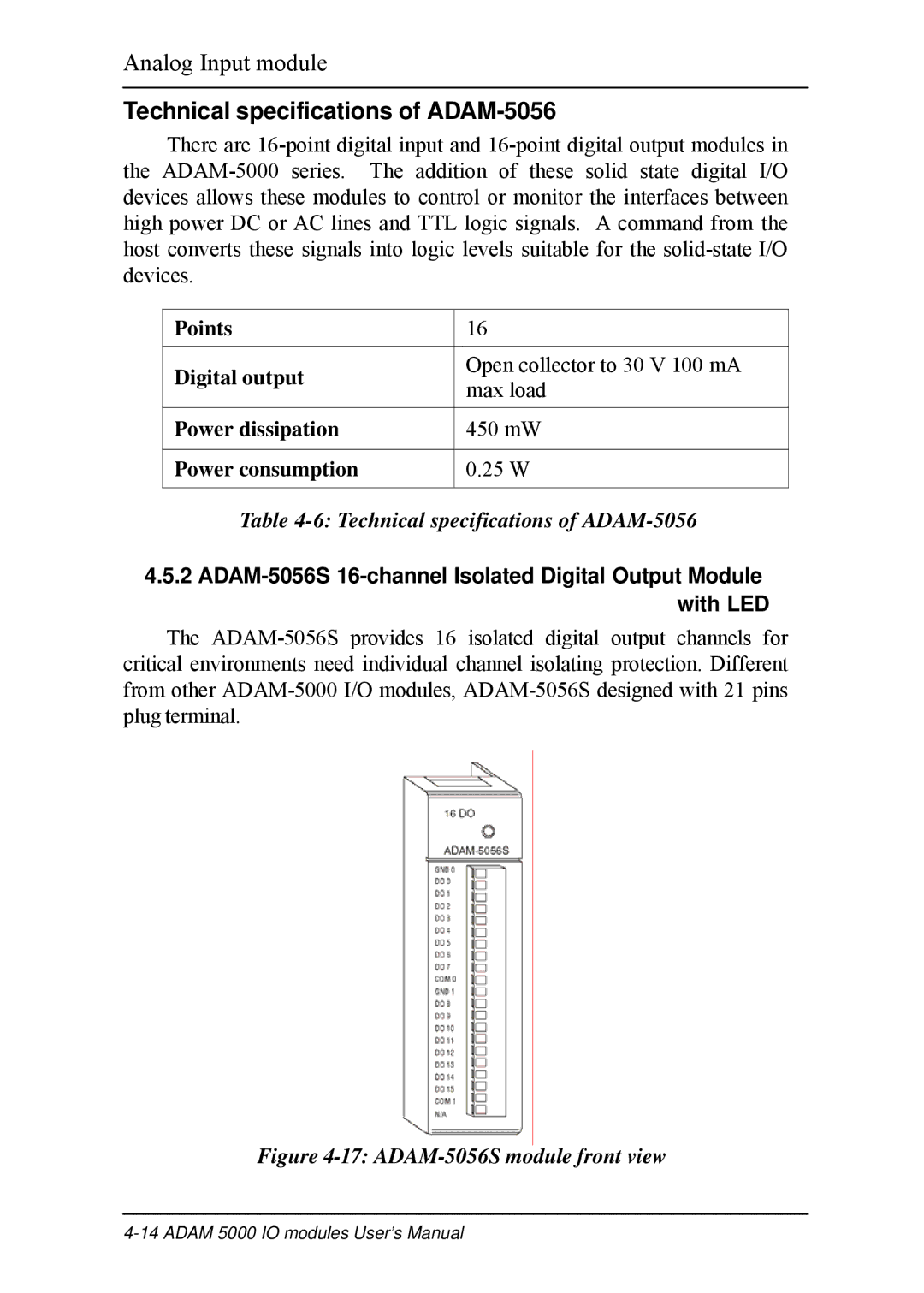 B&B Electronics 5000 Series user manual Technical specifications of ADAM-5056, ADAM-5056S module front view 