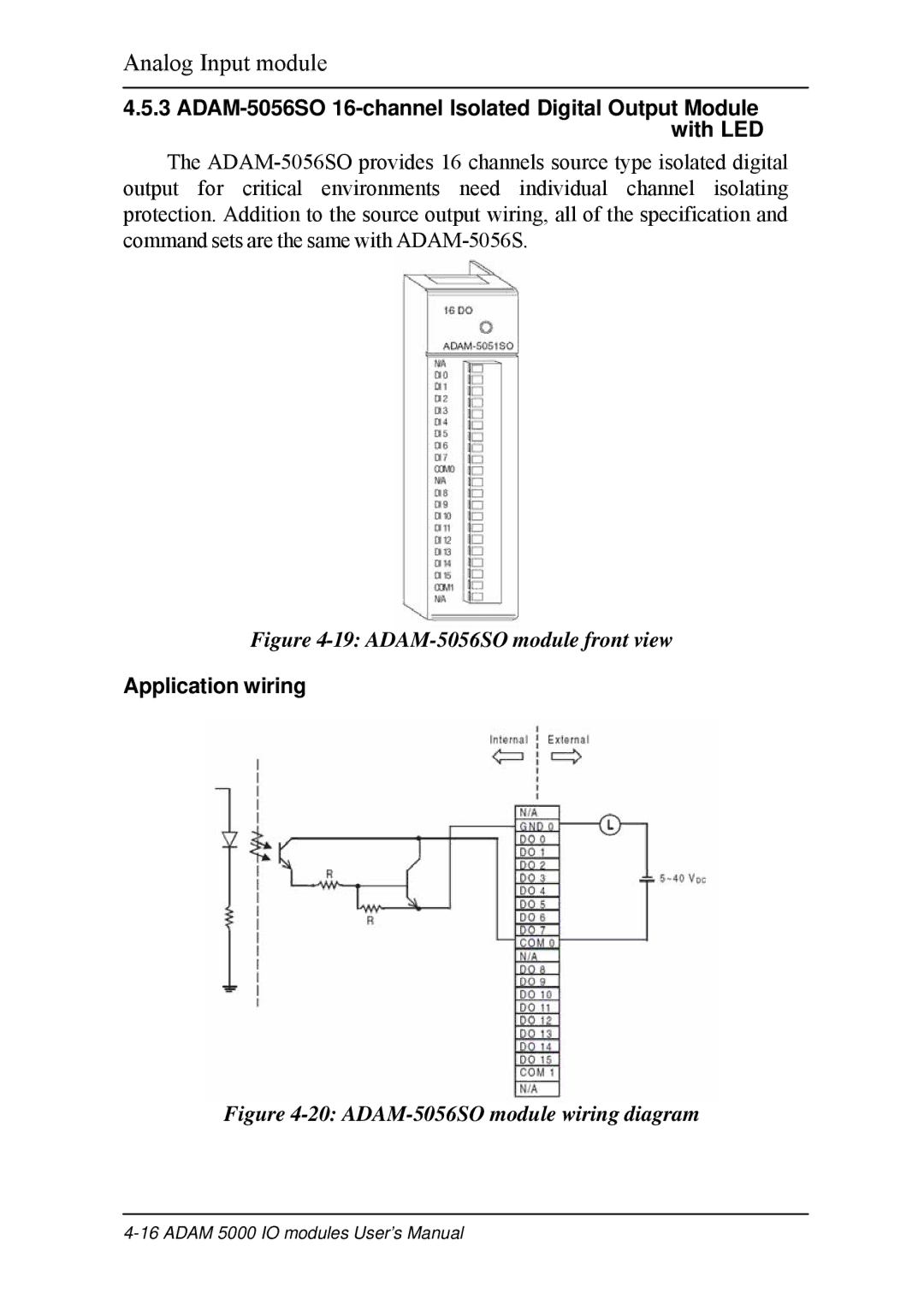 B&B Electronics 5000 Series user manual ADAM-5056SO module front view, Application wiring 