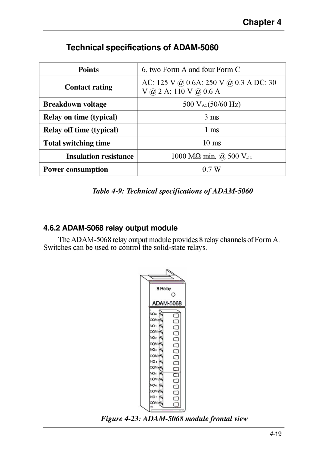 B&B Electronics 5000 Series user manual Chapter Technical specifications of ADAM-5060, ADAM-5068 relay output module 