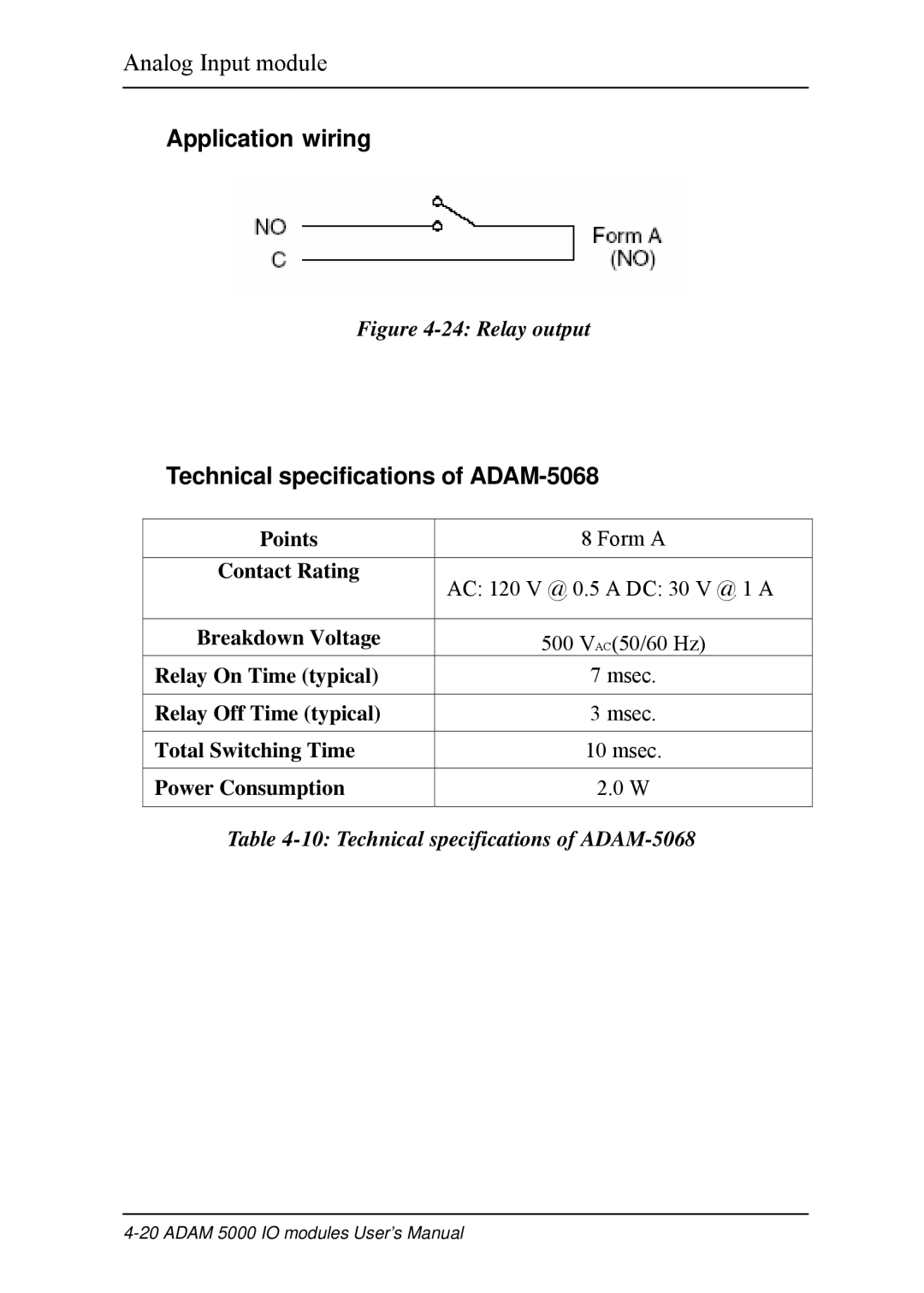 B&B Electronics 5000 Series user manual Technical specifications of ADAM-5068, Relay output 