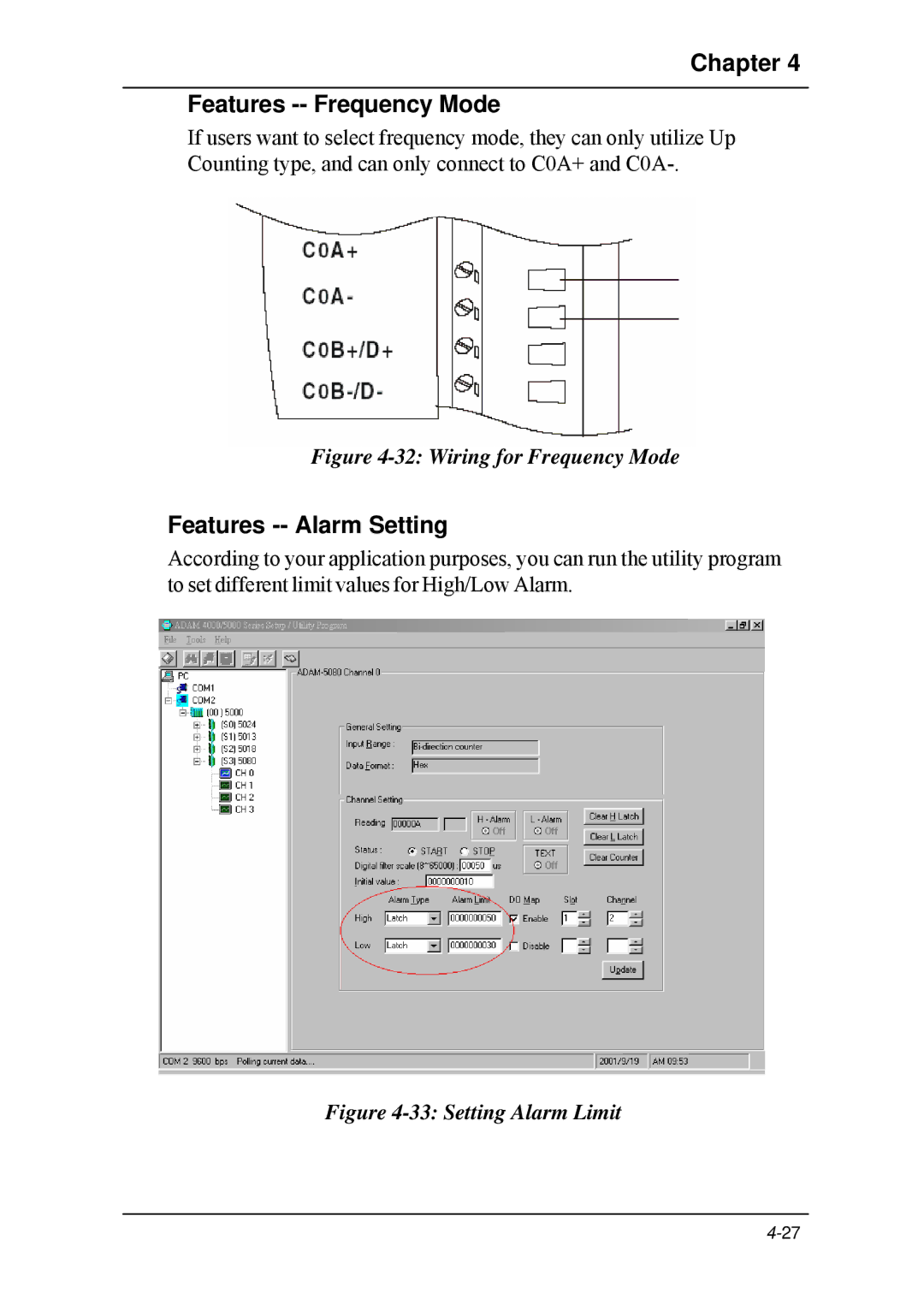 B&B Electronics 5000 Series user manual Chapter Features -- Frequency Mode, Features -- Alarm Setting 