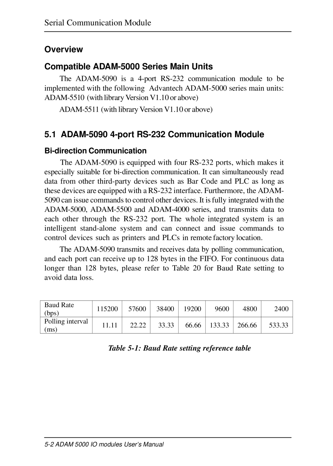 B&B Electronics Overview Compatible ADAM-5000 Series Main Units, ADAM-5090 4-port RS-232 Communication Module 