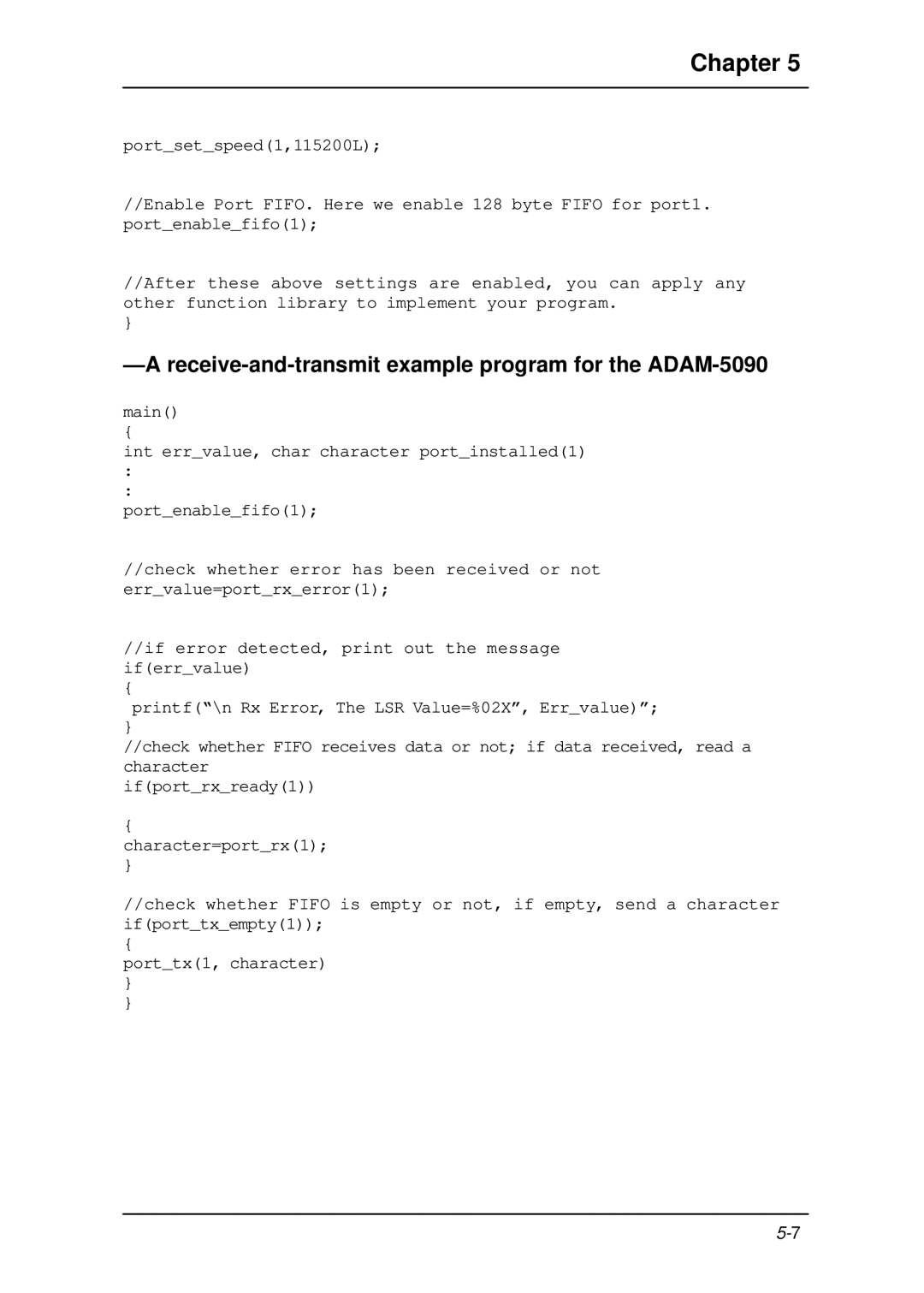 B&B Electronics 5000 Series user manual Chapter, Receive-and-transmit example program for the ADAM-5090 