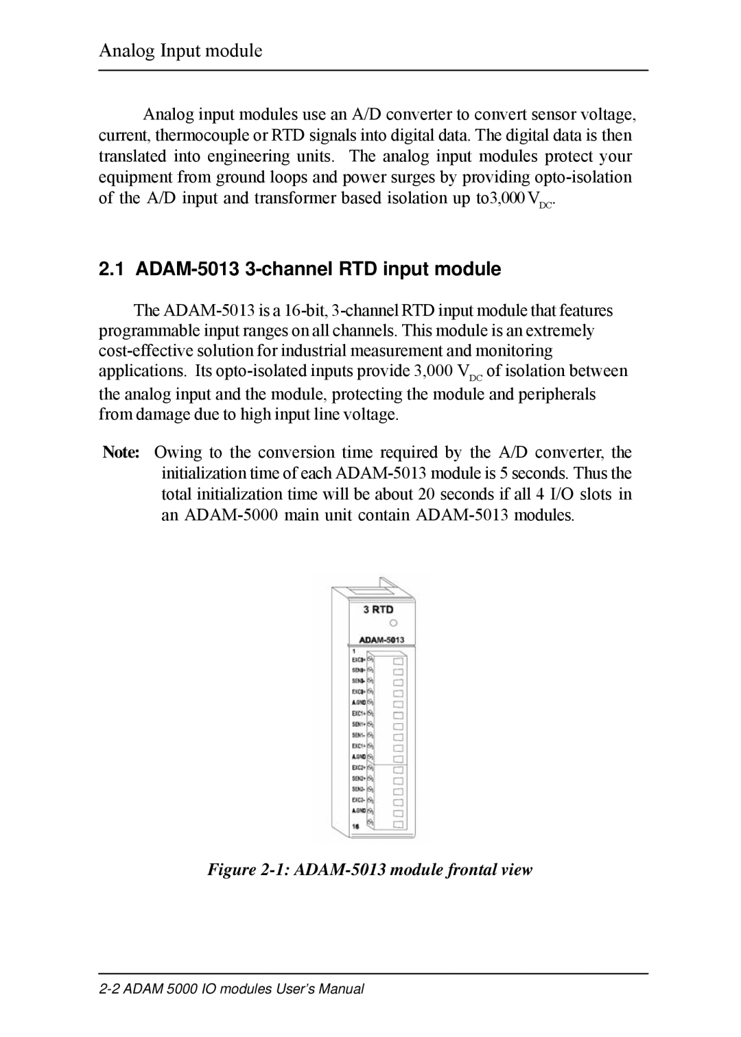 B&B Electronics 5000 Series user manual Analog Input module, ADAM-5013 3-channel RTD input module 