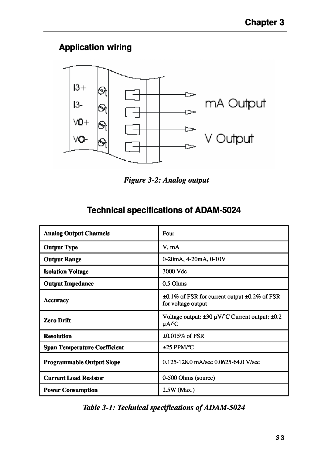 B&B Electronics 5000 Series user manual Technical specifications of ADAM-5024, 2 Analog output, Chapter Application wiring 