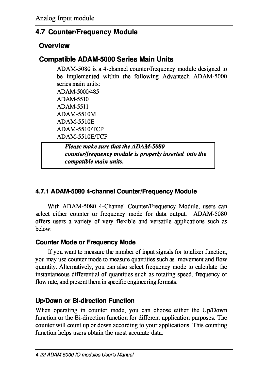 B&B Electronics Counter/Frequency Module Overview, Compatible ADAM-5000 Series Main Units, Analog Input module 