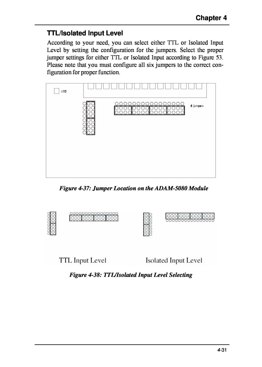 B&B Electronics 5000 Series user manual Chapter TTL/Isolated Input Level, 37 Jumper Location on the ADAM-5080 Module 
