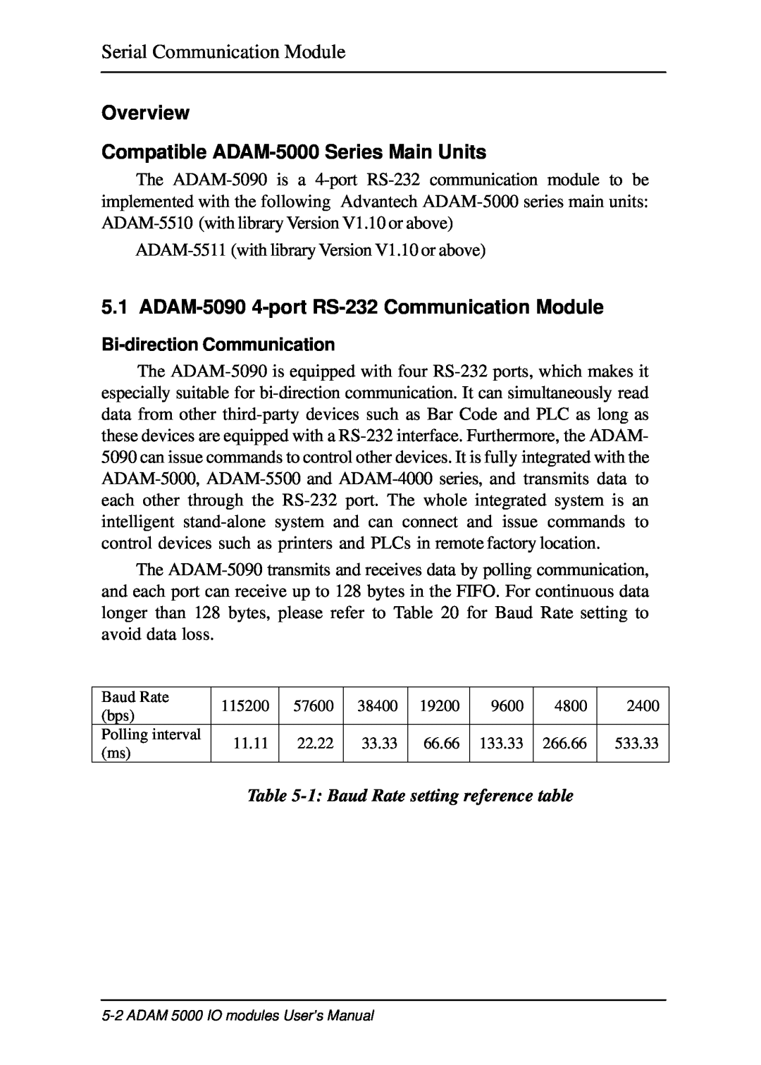 B&B Electronics user manual Serial Communication Module, Overview Compatible ADAM-5000 Series Main Units 