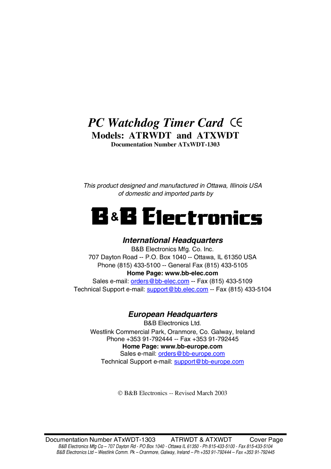 B&B Electronics ATRWDT, ATXWDT manual PC Watchdog Timer Card CE 