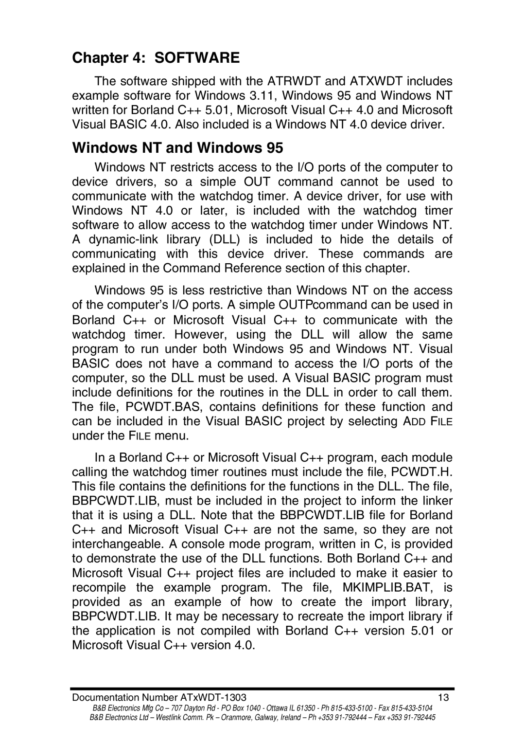 B&B Electronics ATXWDT, ATRWDT manual Software, Windows NT and Windows 