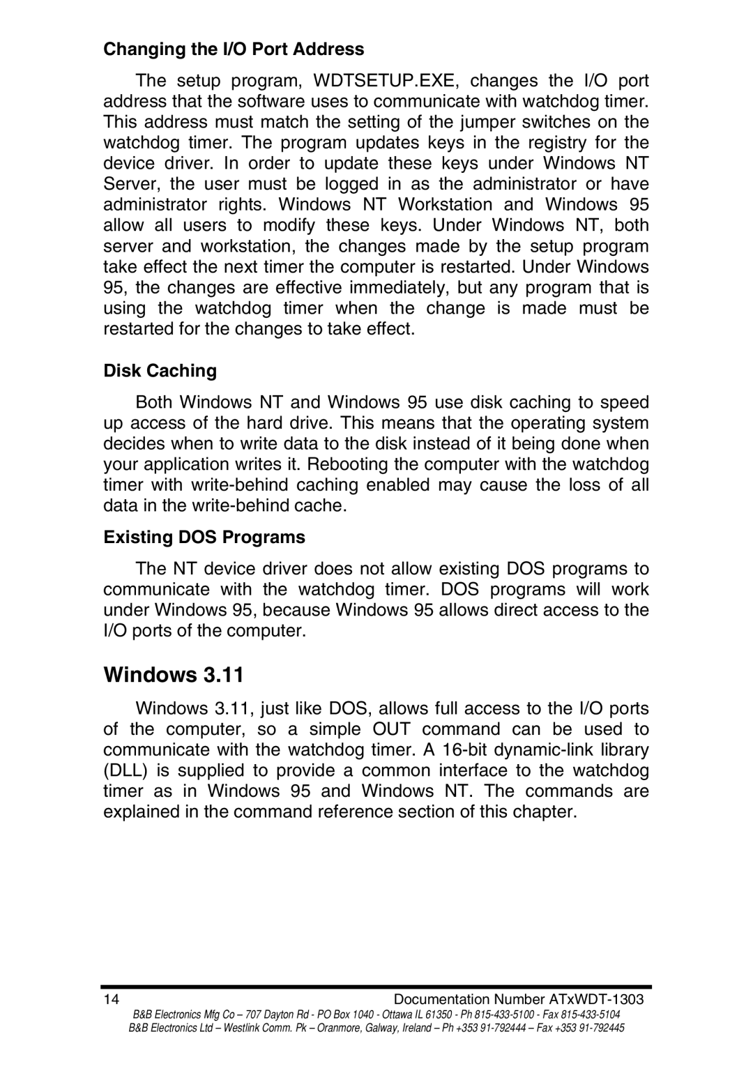 B&B Electronics ATRWDT, ATXWDT manual Windows, Changing the I/O Port Address, Disk Caching, Existing DOS Programs 