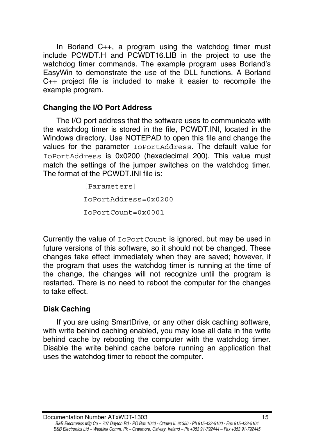 B&B Electronics ATXWDT, ATRWDT manual Parameters IoPortAddress=0x0200 IoPortCount=0x0001 