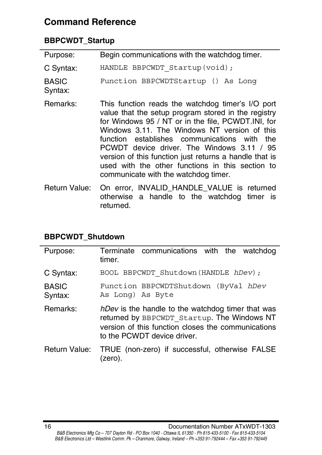 B&B Electronics ATRWDT, ATXWDT manual Command Reference, BBPCWDTStartup, BBPCWDTShutdown 