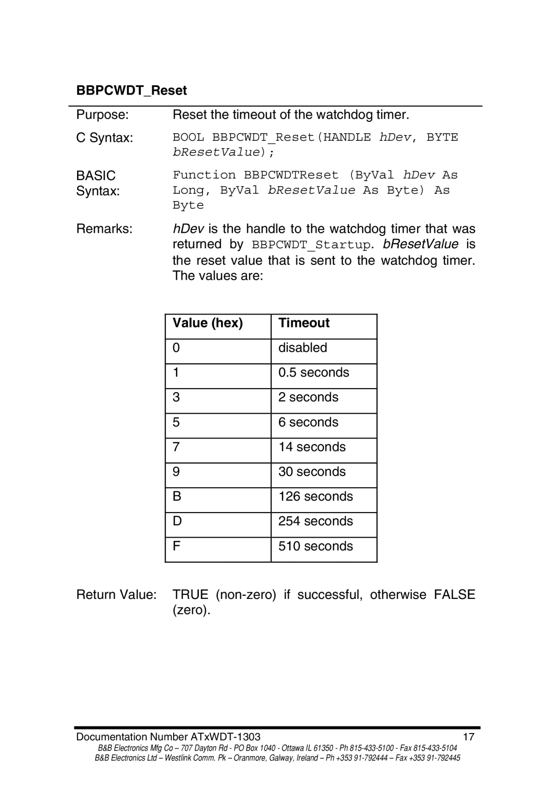 B&B Electronics ATXWDT, ATRWDT manual BBPCWDTReset, Value hex Timeout 