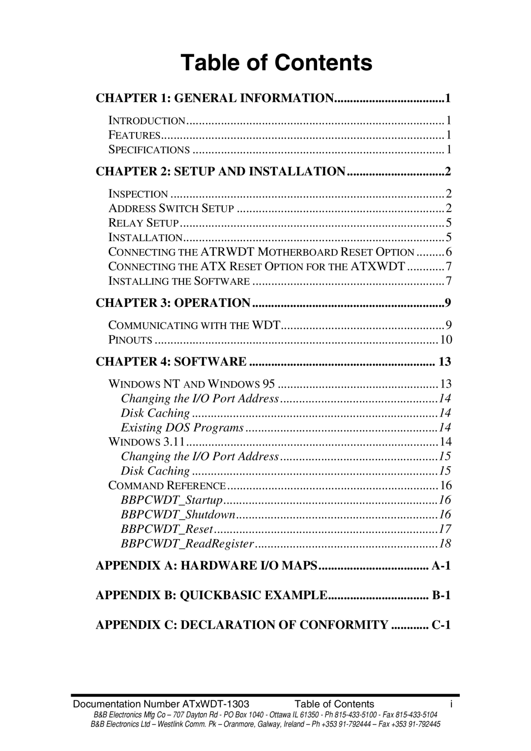 B&B Electronics ATXWDT, ATRWDT manual Table of Contents 