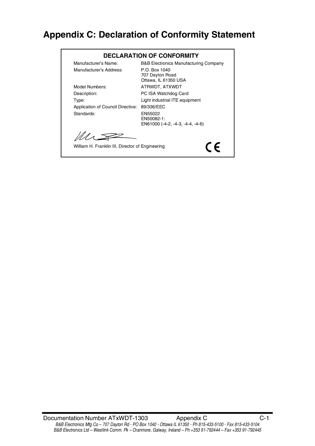 B&B Electronics ATRWDT, ATXWDT manual Appendix C Declaration of Conformity Statement 