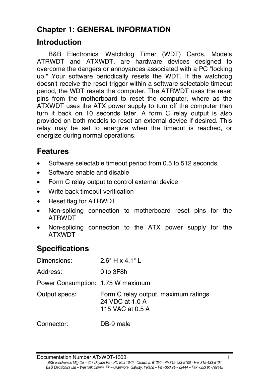 B&B Electronics ATRWDT, ATXWDT manual General Information Introduction, Features, Specifications 