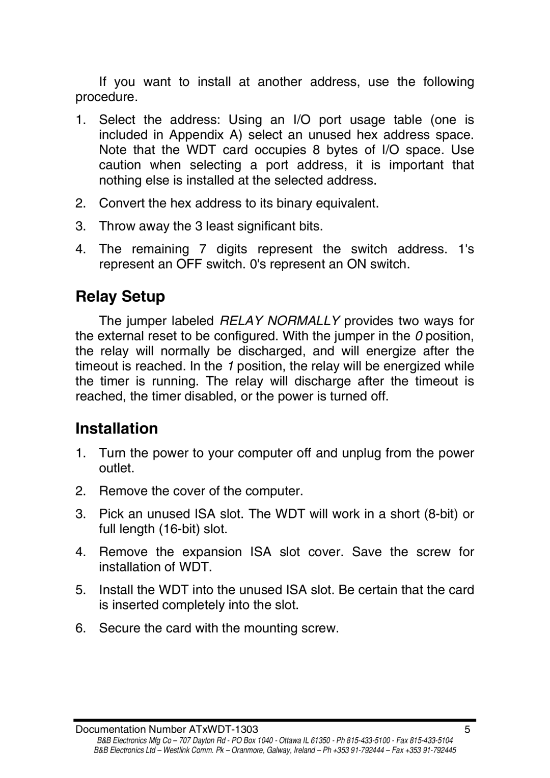 B&B Electronics ATRWDT, ATXWDT manual Relay Setup, Installation 