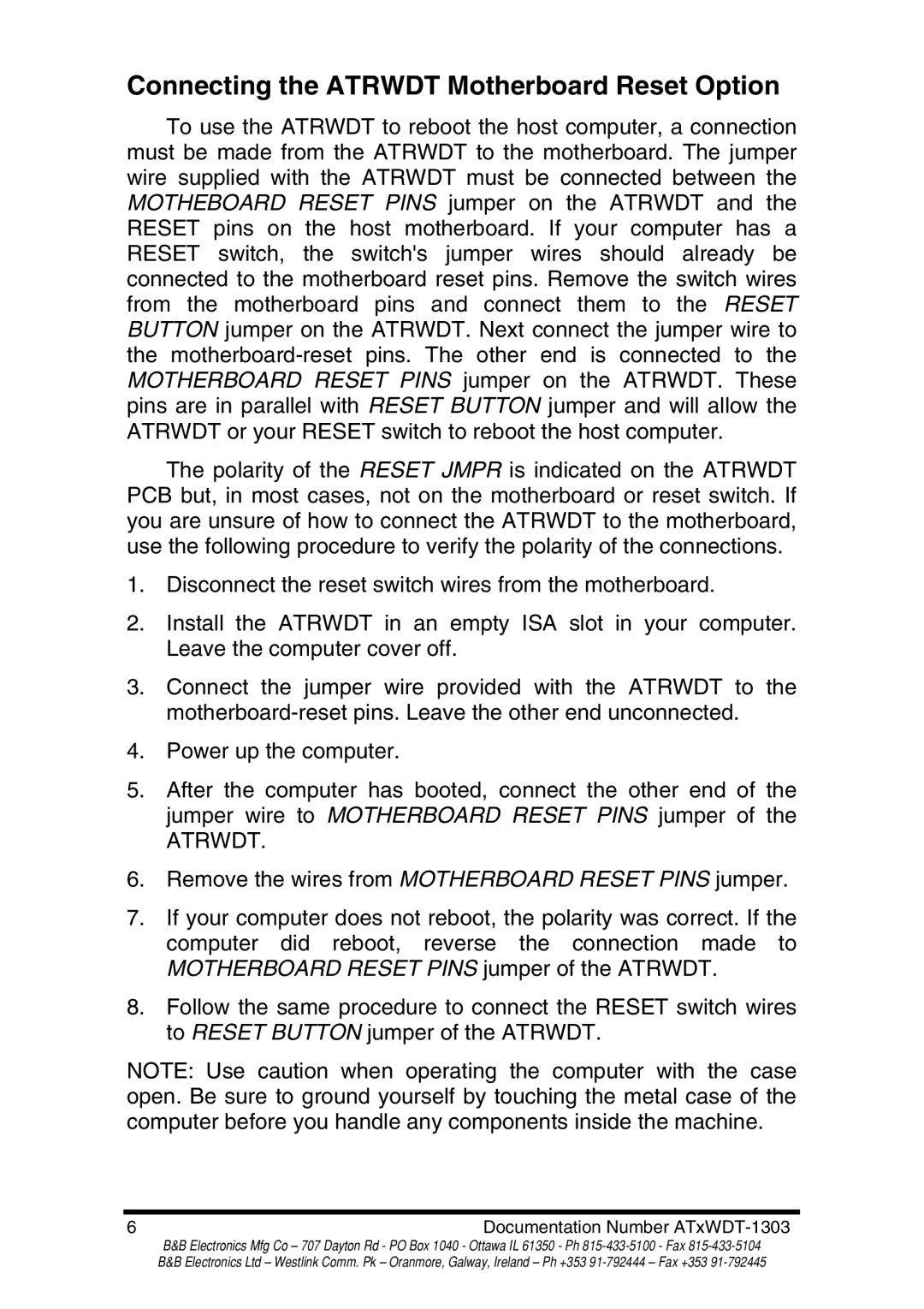 B&B Electronics ATXWDT, ATRWDT manual Connecting the Atrwdt Motherboard Reset Option 