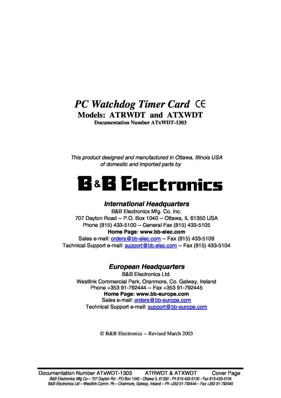 B&B Electronics manual PC Watchdog Timer Card CE, Models ATRWDT and ATXWDT, International Headquarters 