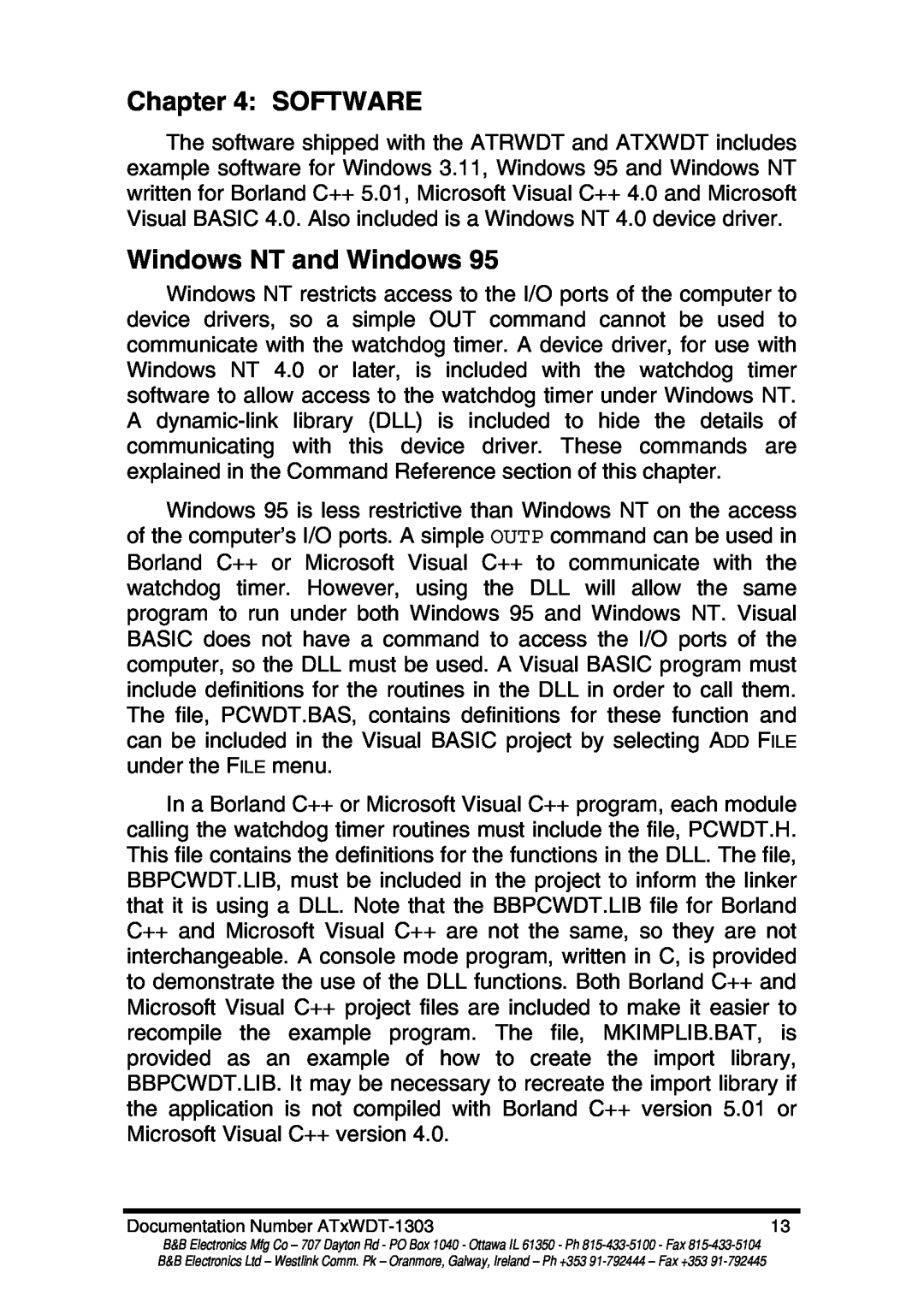 B&B Electronics ATXWDT, ATRWDT manual Software, Windows NT and Windows 