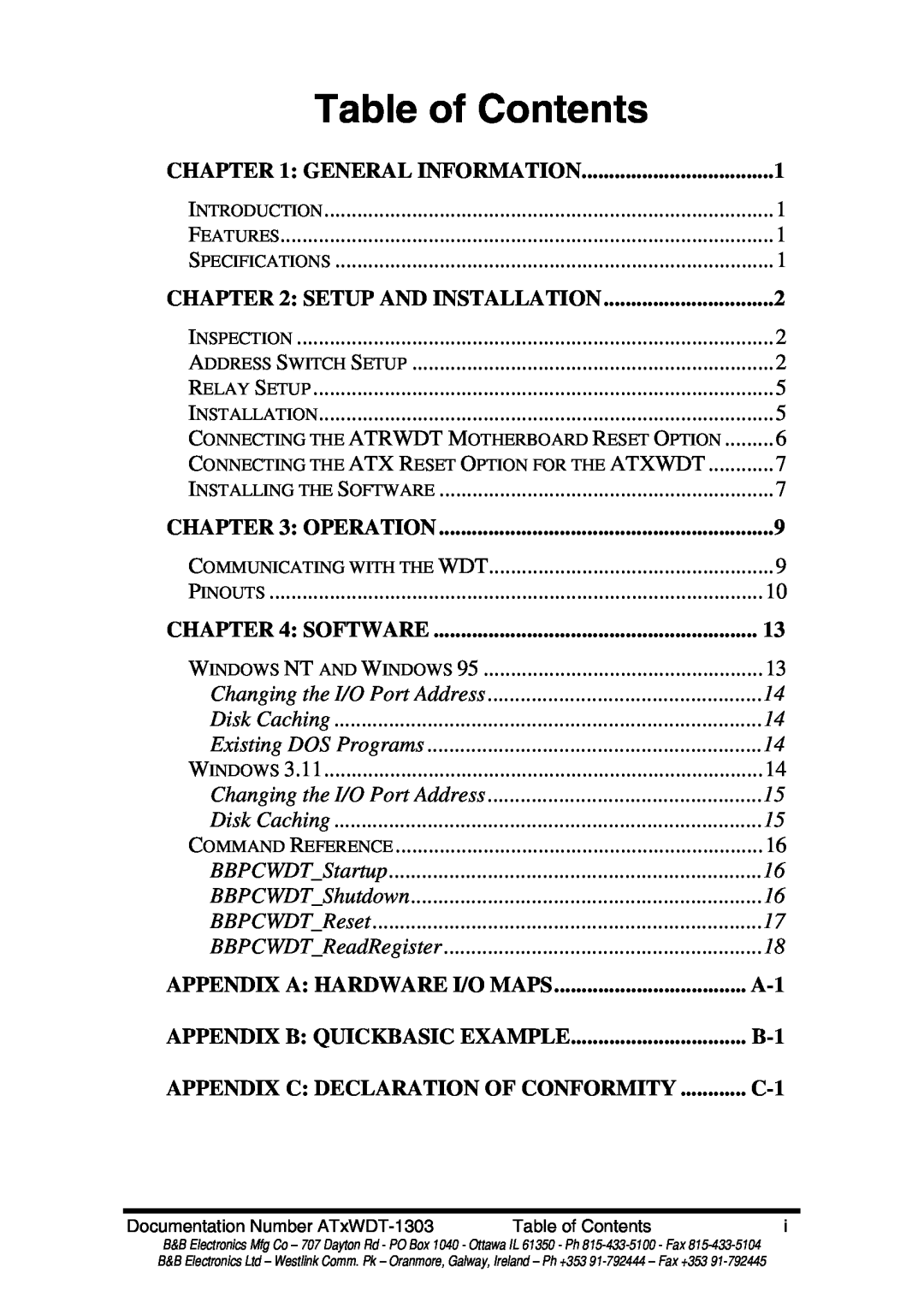 B&B Electronics ATXWDT Table of Contents, Changing the I/O Port Address, Disk Caching, Existing DOS Programs, BBPCWDTReset 
