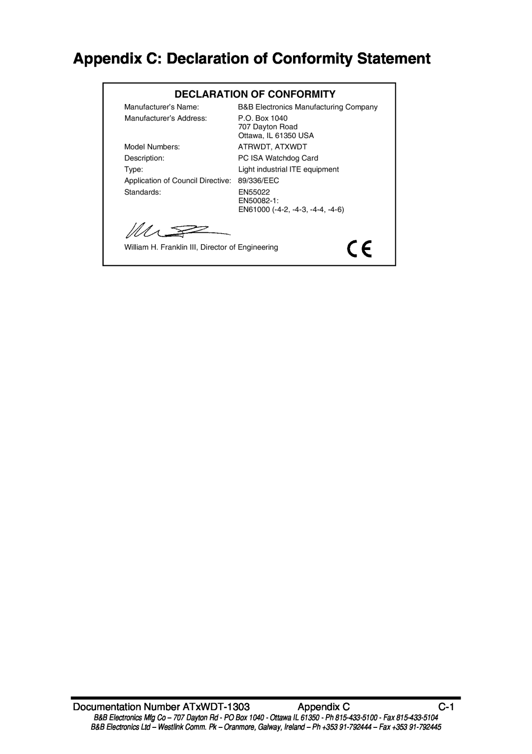 B&B Electronics ATRWDT, ATXWDT manual Appendix C Declaration of Conformity Statement, Declaration Of Conformity 