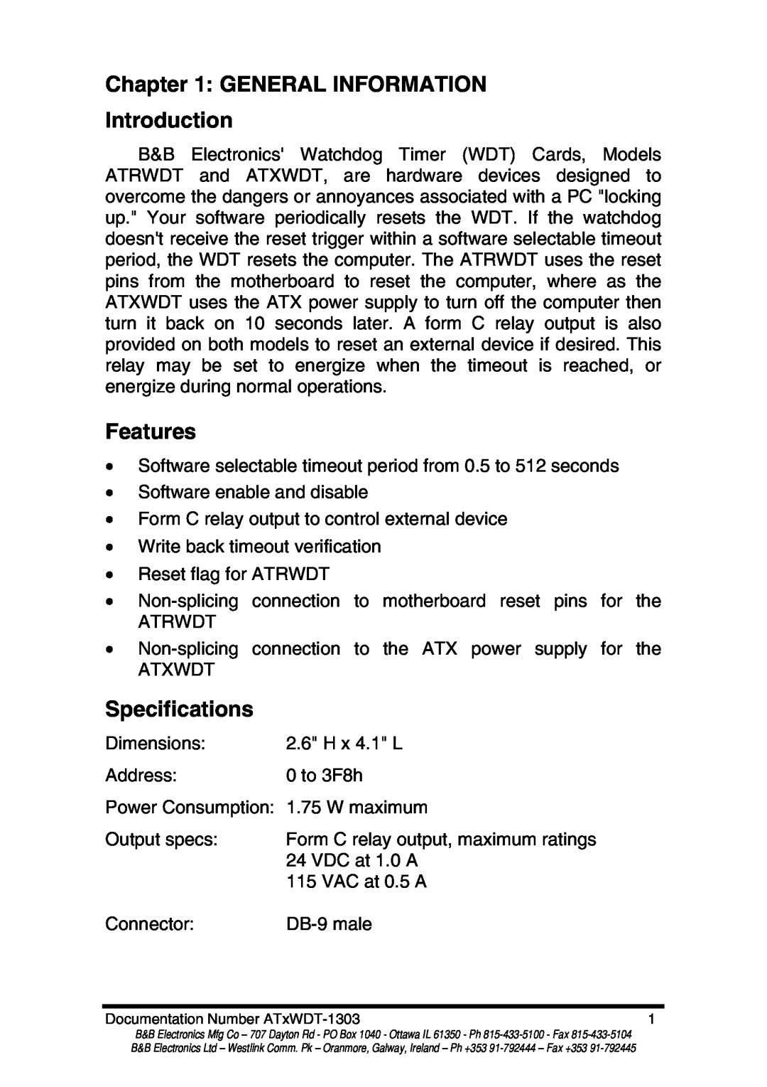 B&B Electronics ATRWDT, ATXWDT manual GENERAL INFORMATION Introduction, Features, Specifications 