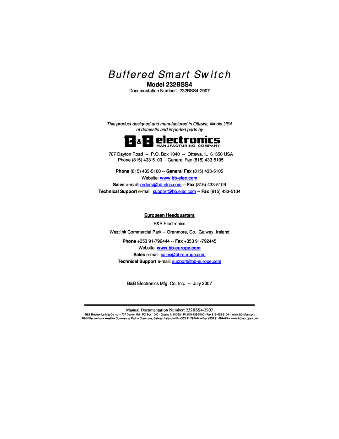 B&B Electronics manual Buffered Smart Switch, Model 232BSS4, of domestic and imported parts by, European Headquarters 