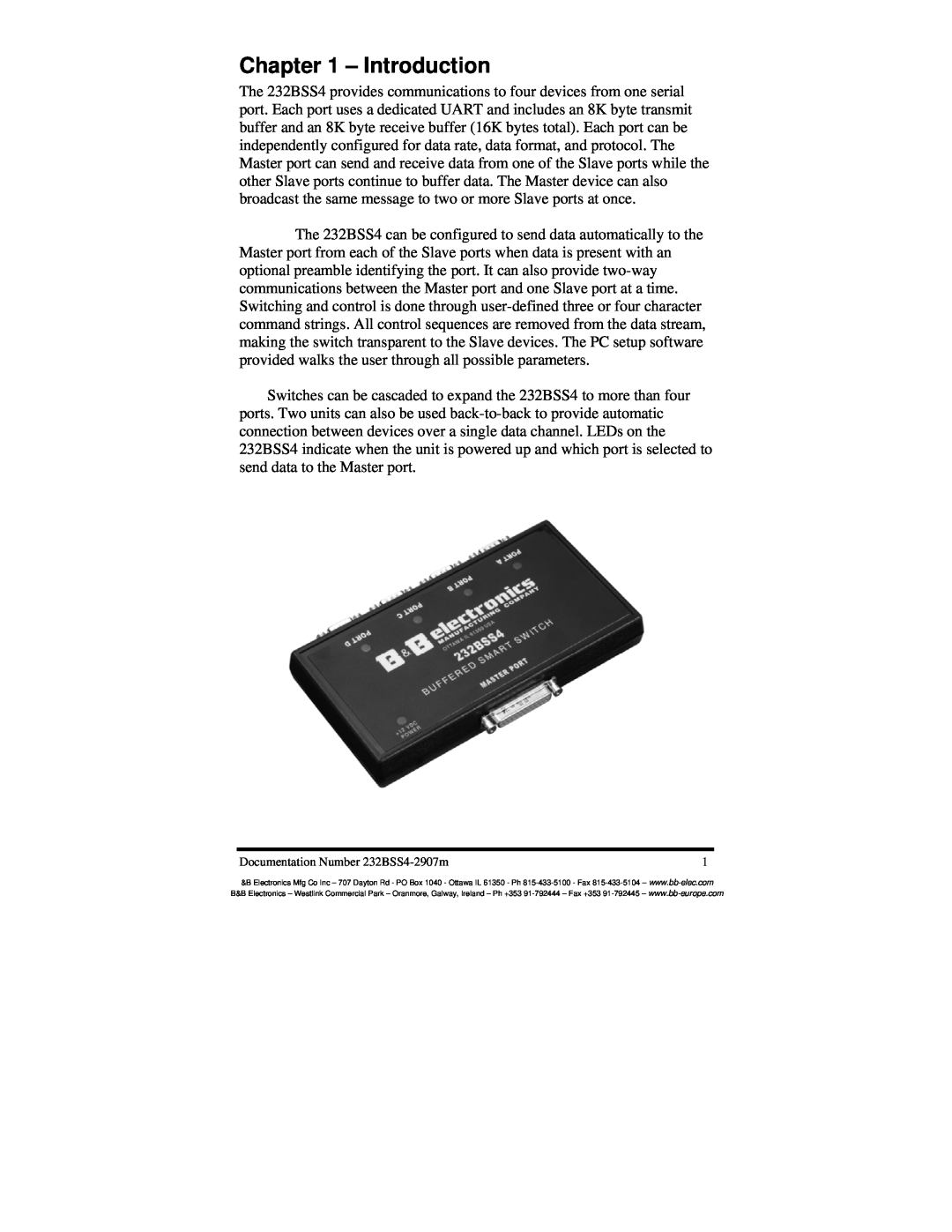 B&B Electronics Buffered Smart Switch manual Introduction, Documentation Number 232BSS4-2907m 