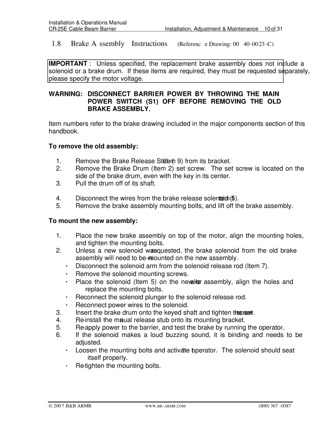 B&B Electronics CR-25E manual To remove the old assembly, To mount the new assembly 