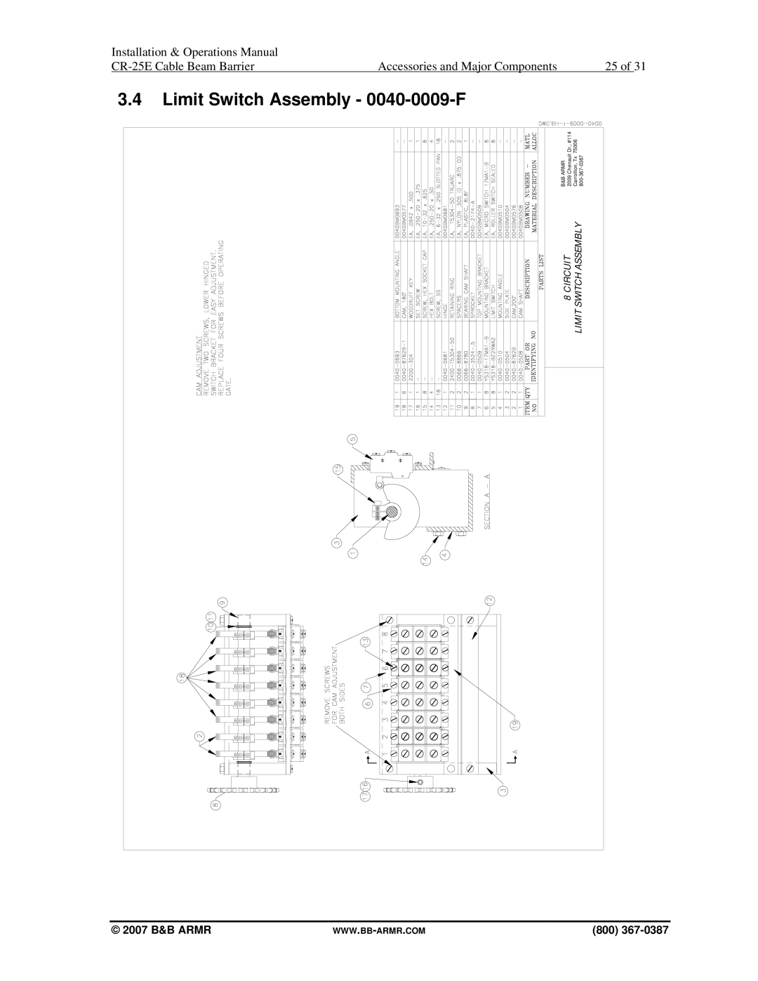 B&B Electronics CR-25E manual Limit Switch Assembly 0040-0009-F 