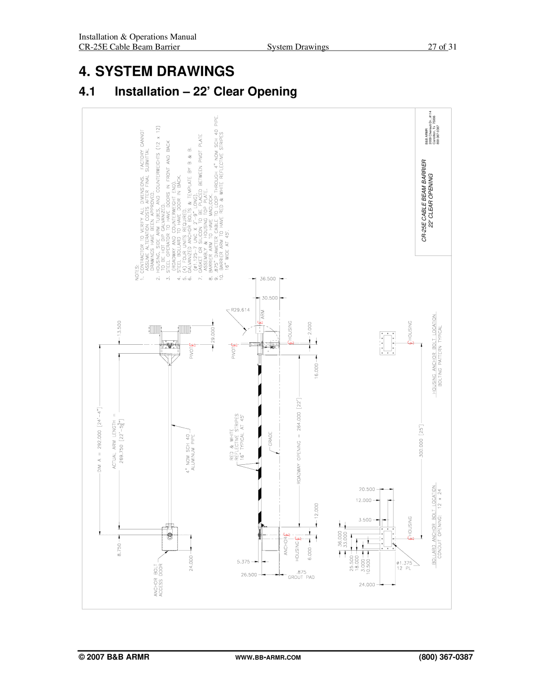 B&B Electronics CR-25E manual System Drawings, Installation 22’ Clear Opening 