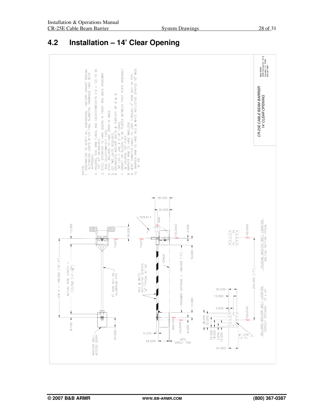 B&B Electronics CR-25E manual Installation 14’ Clear Opening 