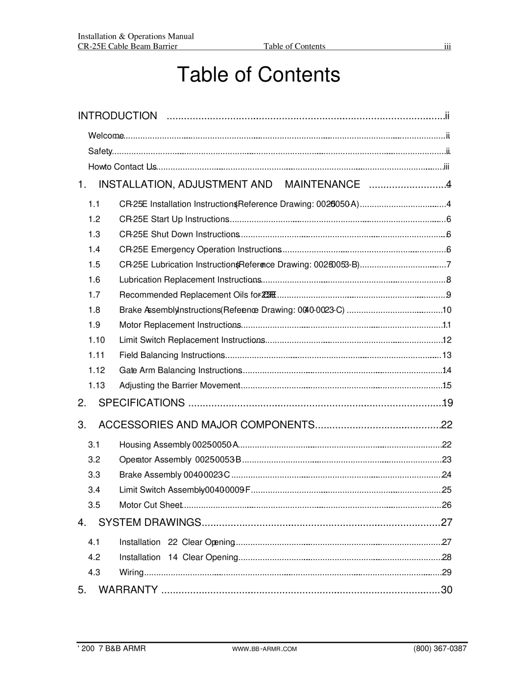 B&B Electronics CR-25E manual Table of Contents 