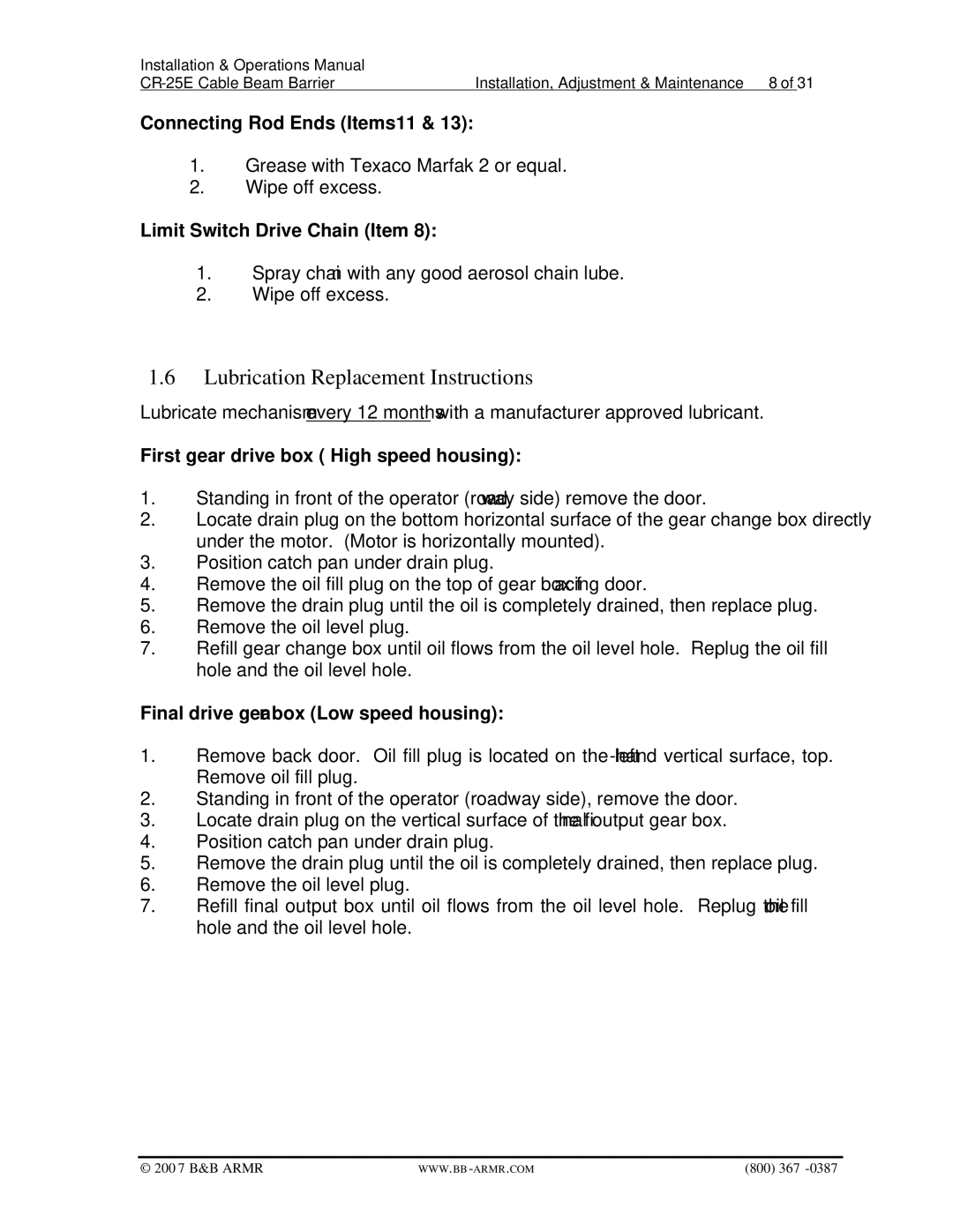 B&B Electronics CR-25E Lubrication Replacement Instructions, Connecting Rod Ends Items11, Limit Switch Drive Chain Item 