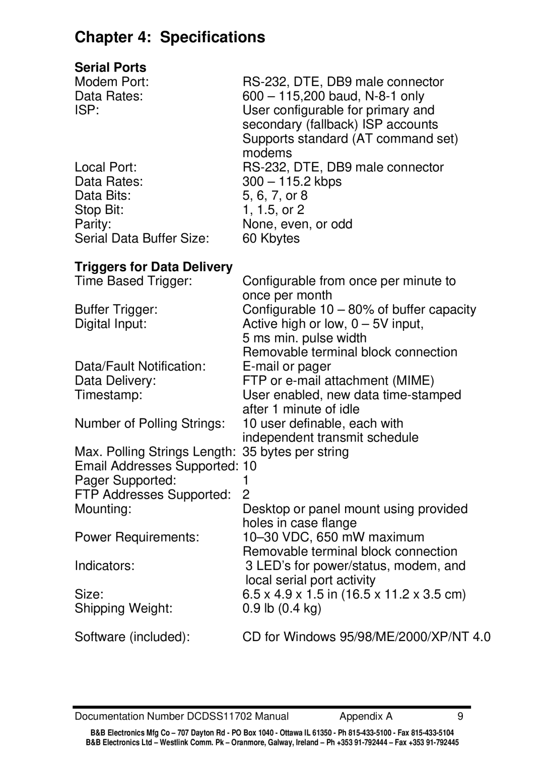 B&B Electronics DCDSS1 manual Specifications, Serial Ports, Triggers for Data Delivery 