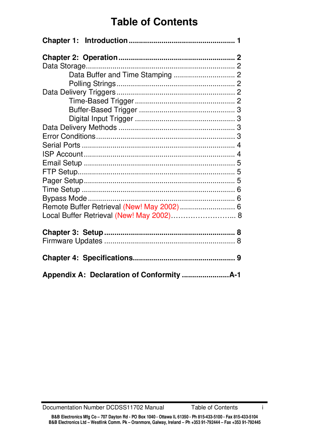 B&B Electronics DCDSS1 manual Table of Contents 