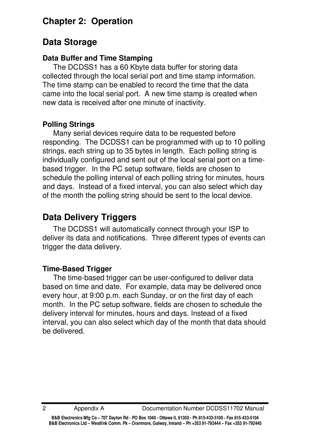 B&B Electronics DCDSS1 Operation Data Storage, Data Delivery Triggers, Data Buffer and Time Stamping, Polling Strings 