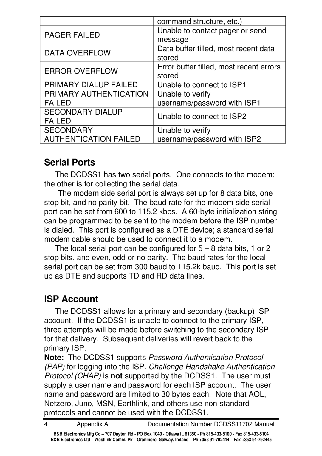 B&B Electronics DCDSS1 manual Serial Ports, ISP Account 