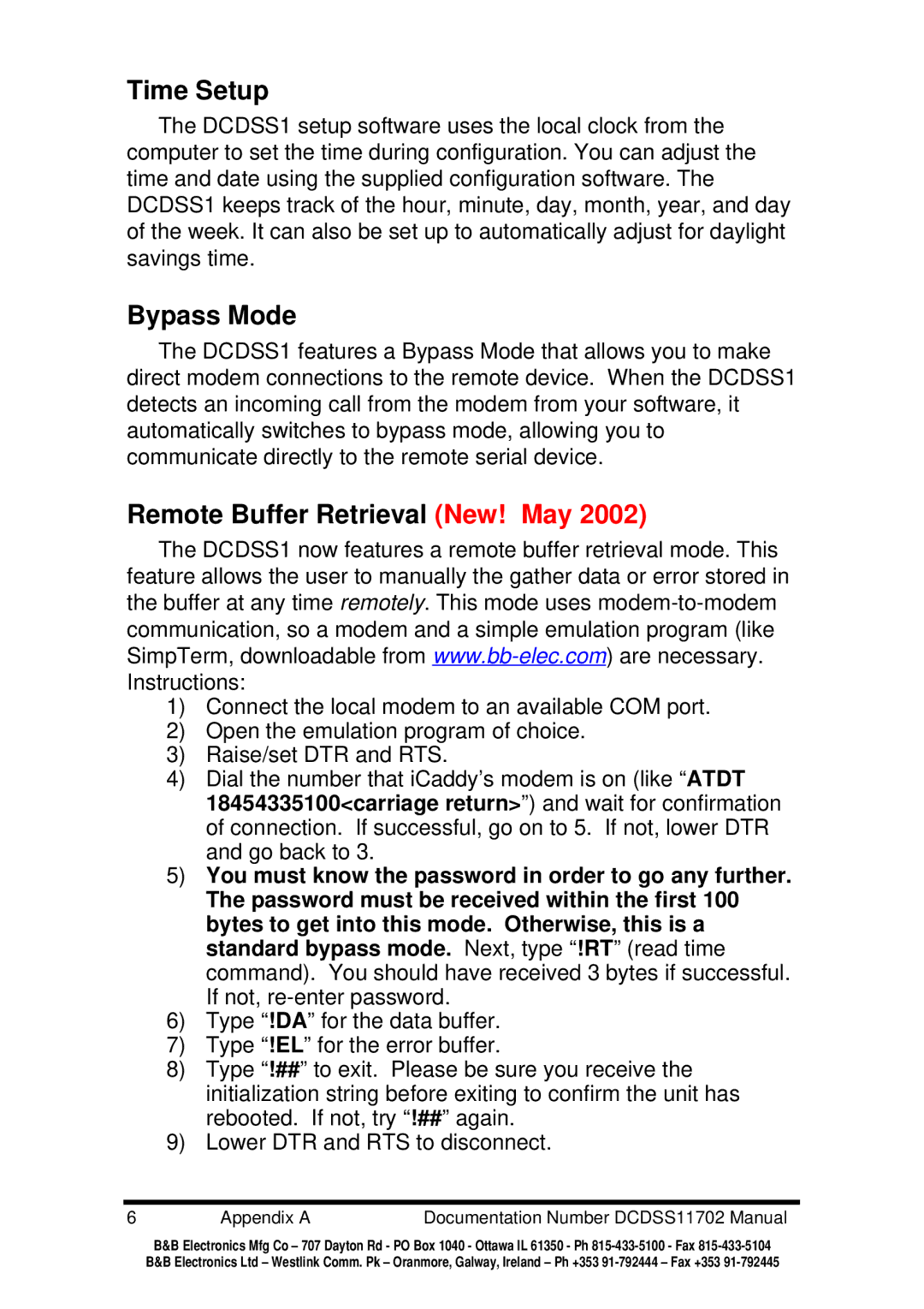 B&B Electronics DCDSS1 manual Time Setup, Bypass Mode, Remote Buffer Retrieval New! May 
