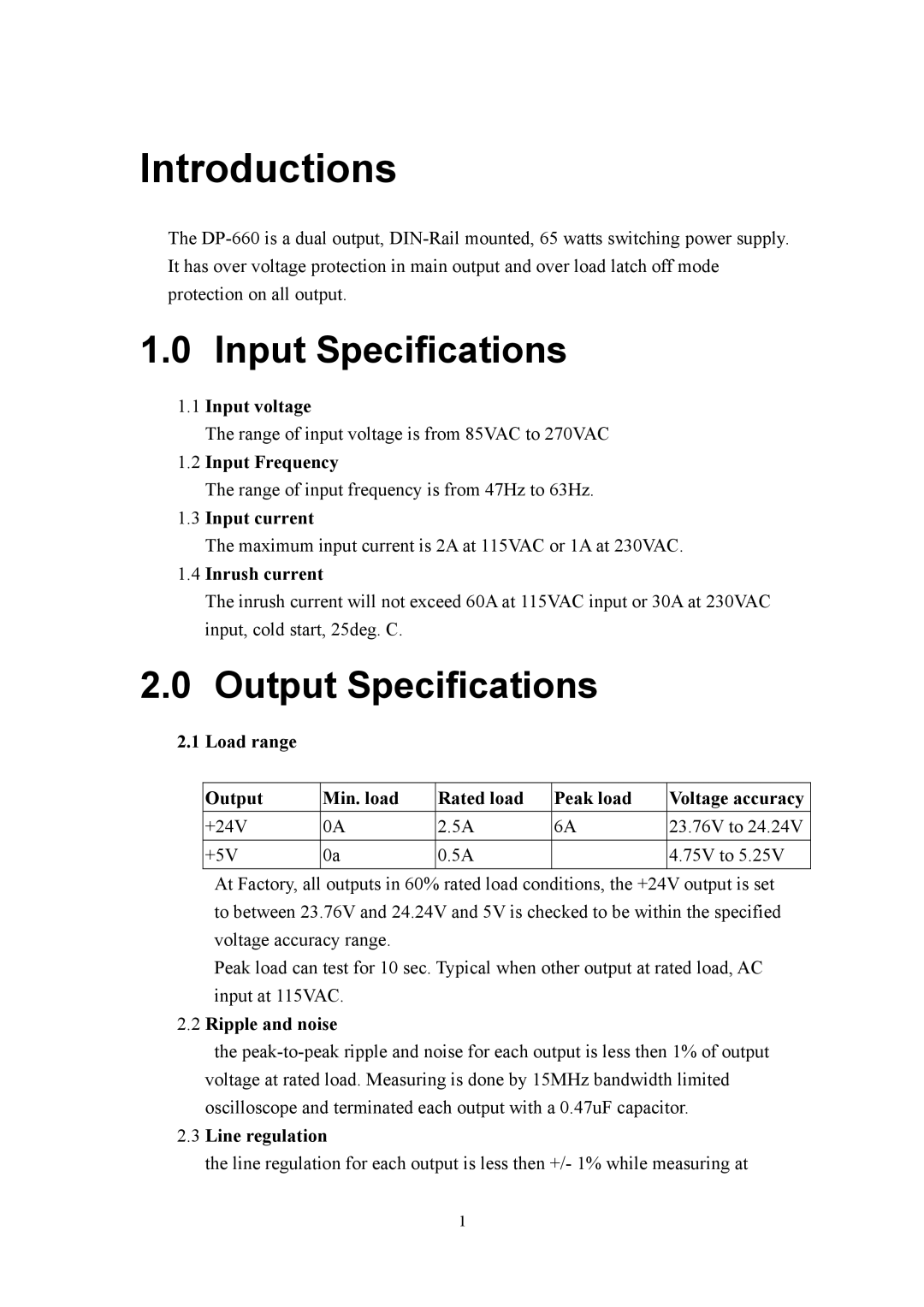 B&B Electronics DP-660 user manual Input Specifications, Output Specifications 