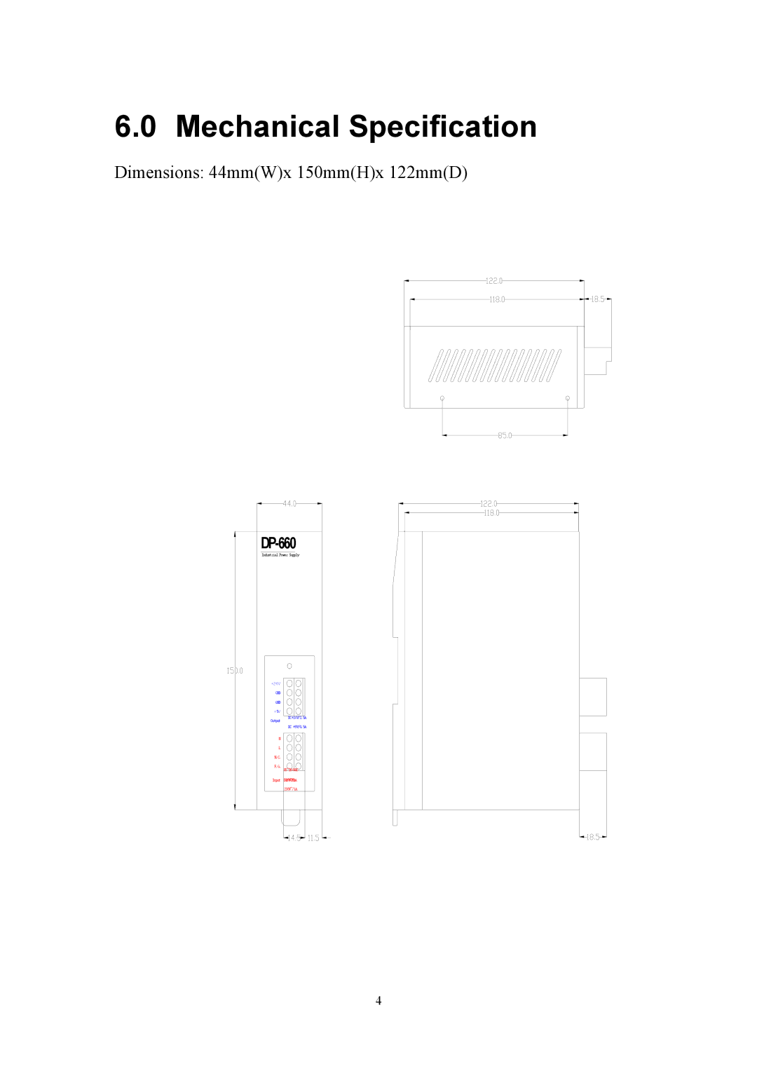 B&B Electronics DP-660 user manual Mechanical Specification, Dimensions 44mmWx 150mmHx 122mmD 